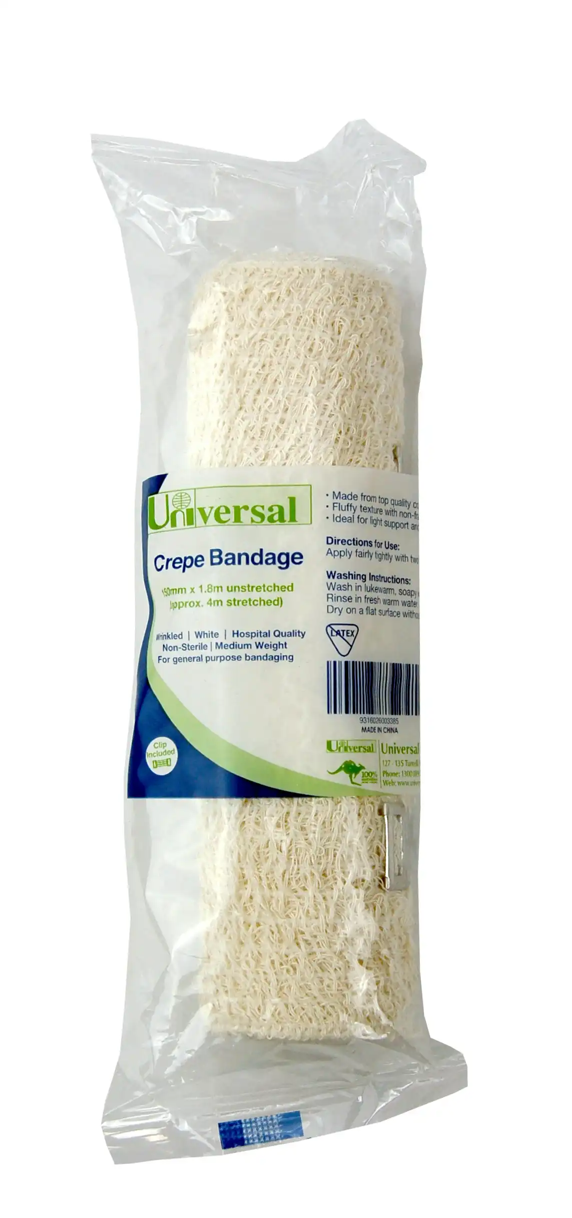 Universal Crepe Bandage Medium Weight 15cm x 1.8m Unstretched 4m Stretched Wrinkled