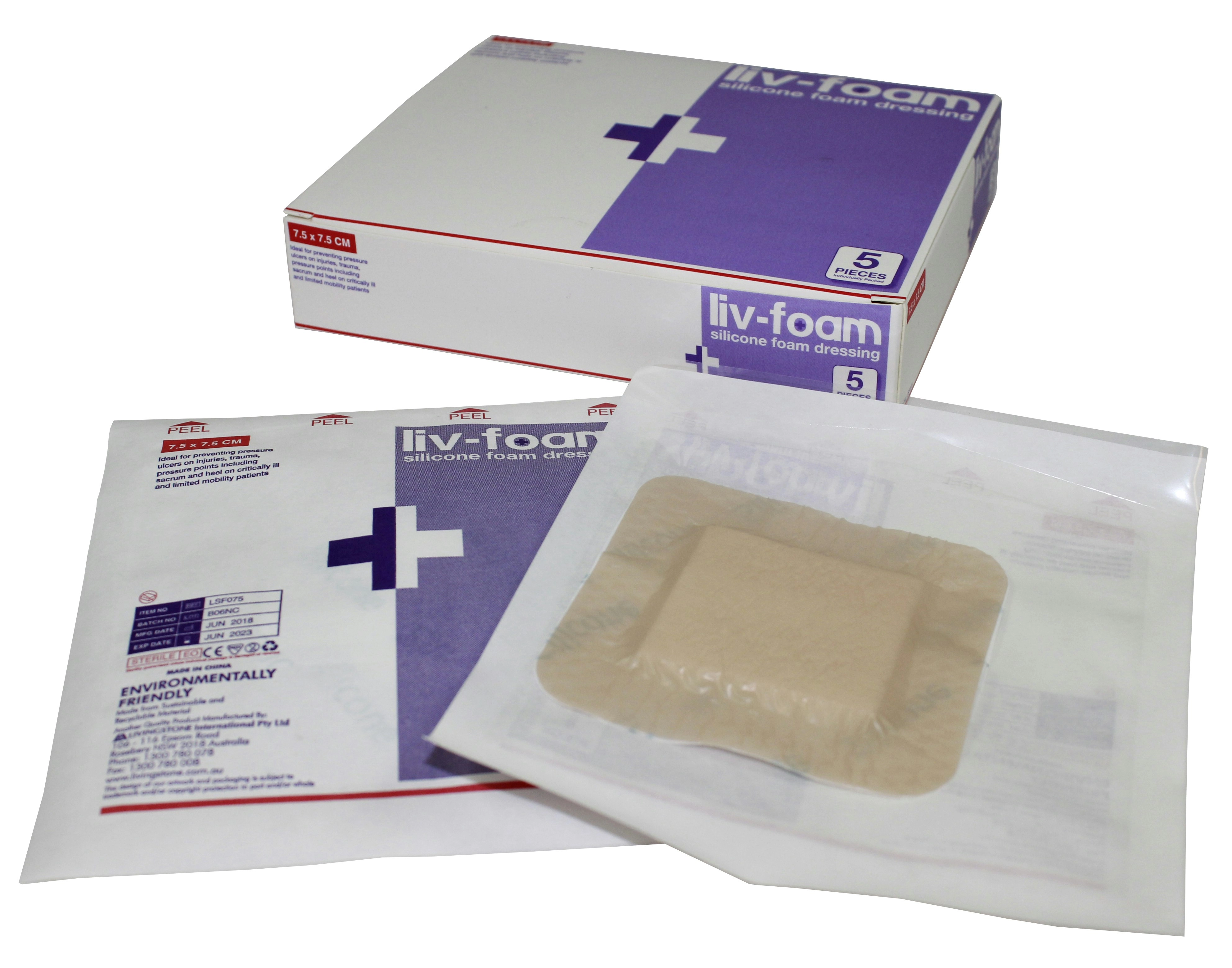 Liv-Foam Silicone Foam Dressing, 7.5 x 7.5cm, with Adhesive Border, Self Adherent, Each