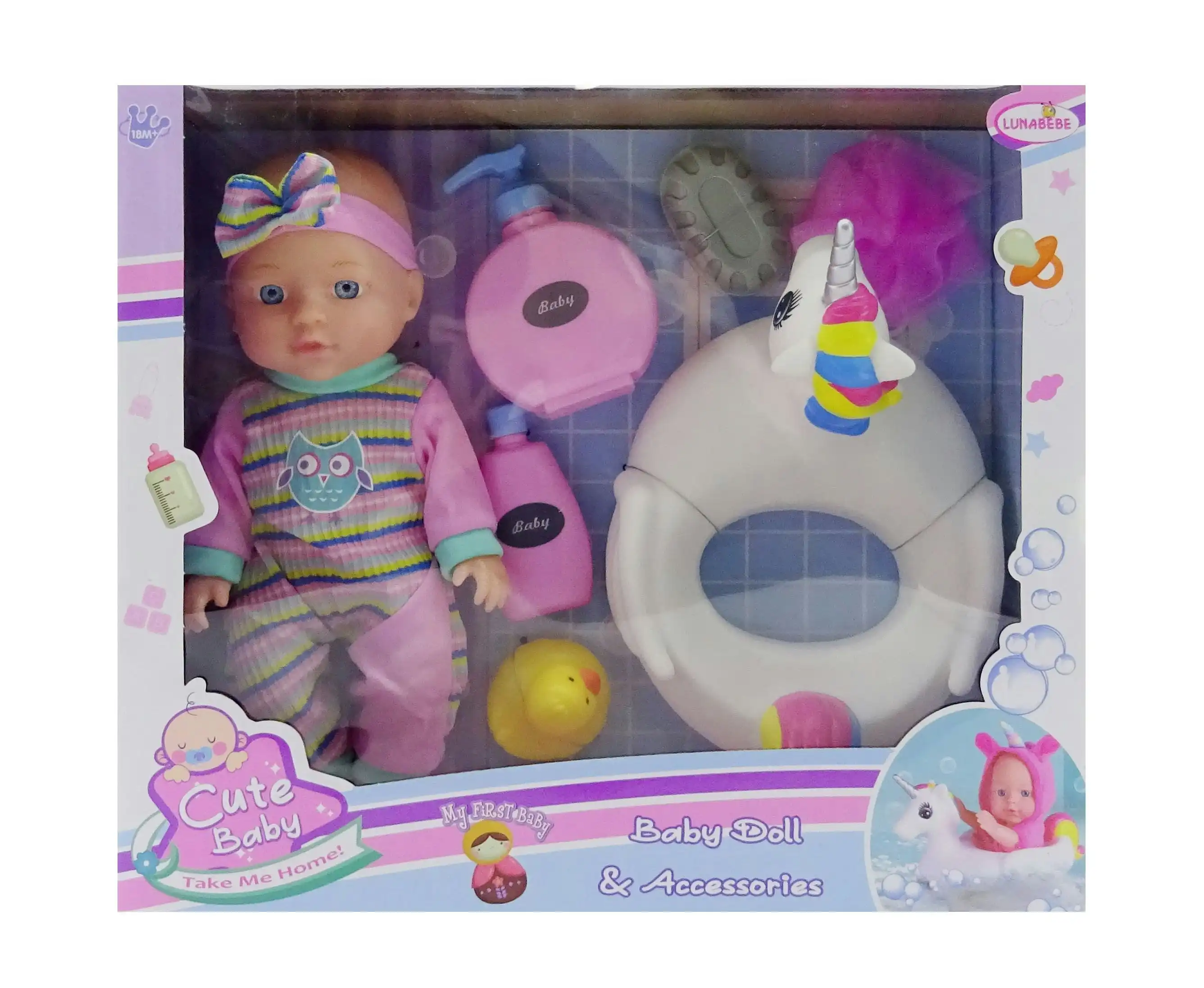 Baby Doll with Unicorn & 6pcs Accessories 30cm