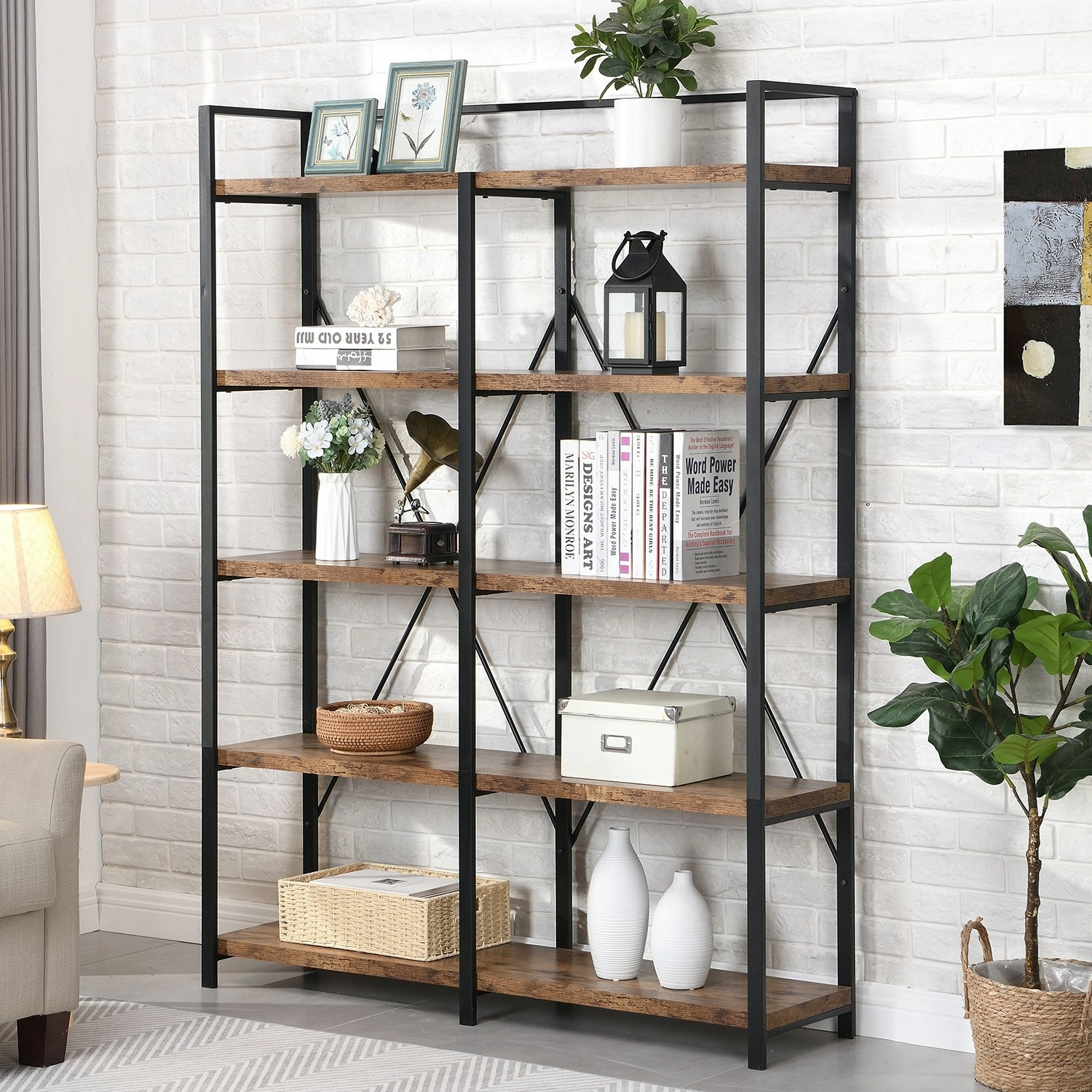 HLIVING 5 Tier Wide Industrial Bookshelf, Rustic Wood Bookcase,Rustic Brown