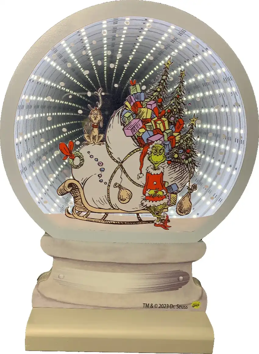 Cotton Candy - Xmas 25cm Infinity Electronic Snow Globe Dr. Seuss Grinch With Sleigh