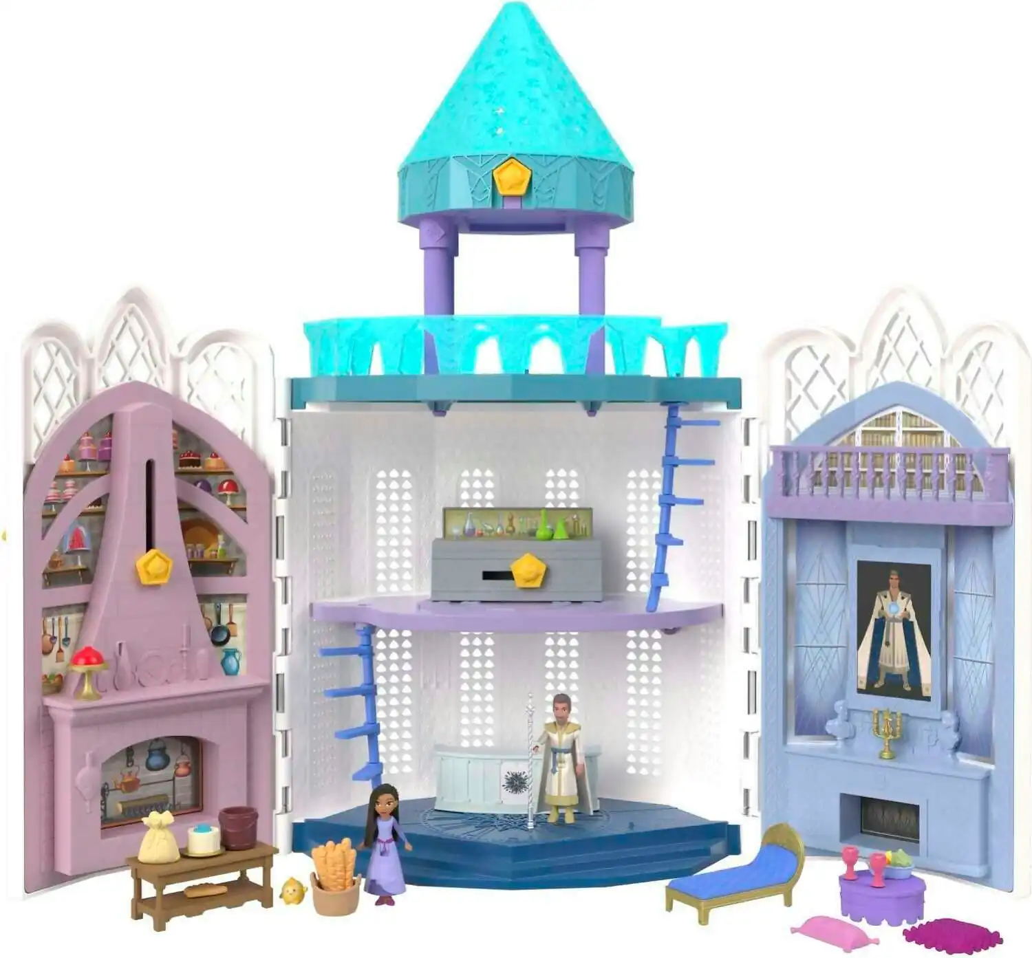 Disney Wish - Rosas Castle Dollhouse Playset With 2 Posable Mini Dolls Star Figure 20 Accessories Light-up Projection Dome & More - Mattel