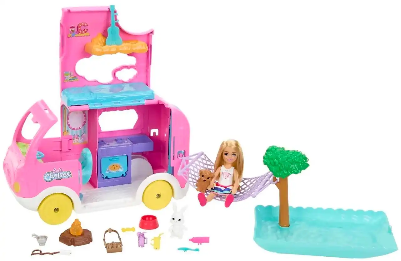 Barbie - Chelsea 2-in-1 Camper Playset With Chelsea Small Doll 2 Pets & 15 Accessories - Mattel