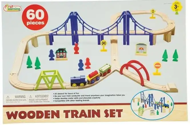 Wooden Train Set With Bridge 60 Pieces