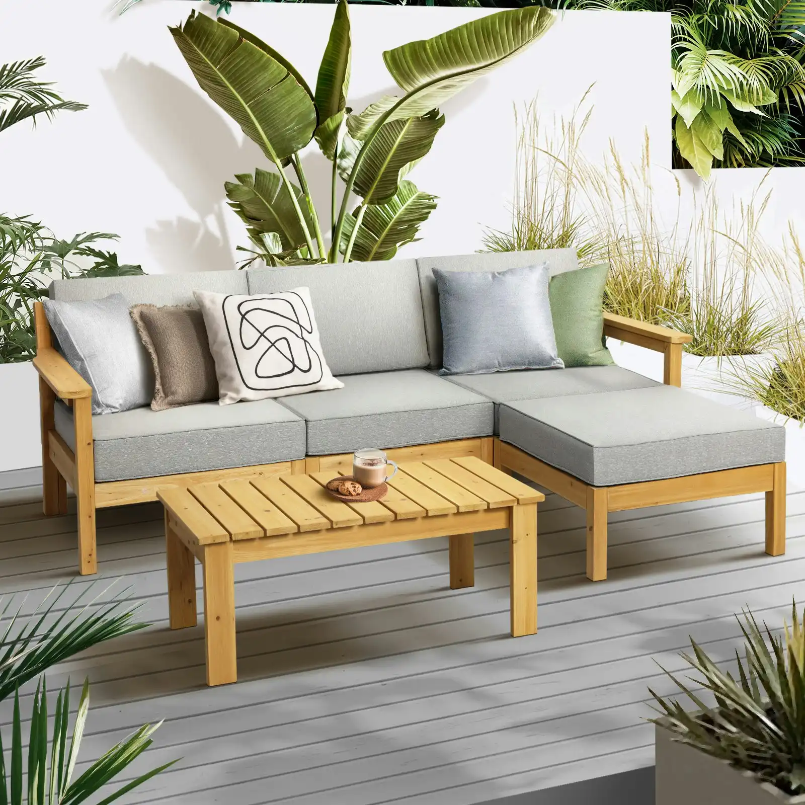 Livsip Outdoor Sofa Set Patio Furniture Wooden Table Chairs Garden Lounge 5Piece