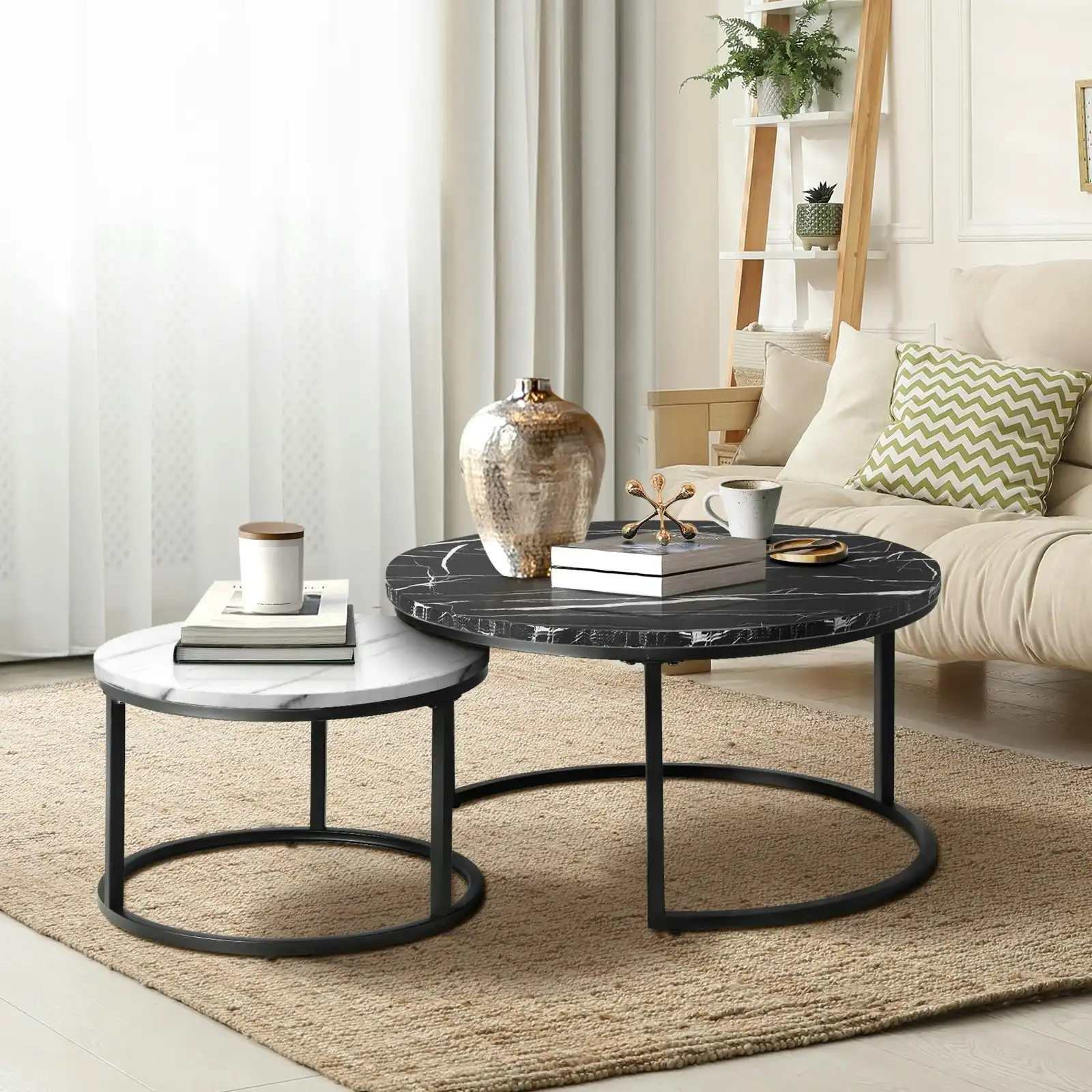 Oikiture Set of 2 Coffee Table Round Marble Nesting Side End Tables Black White