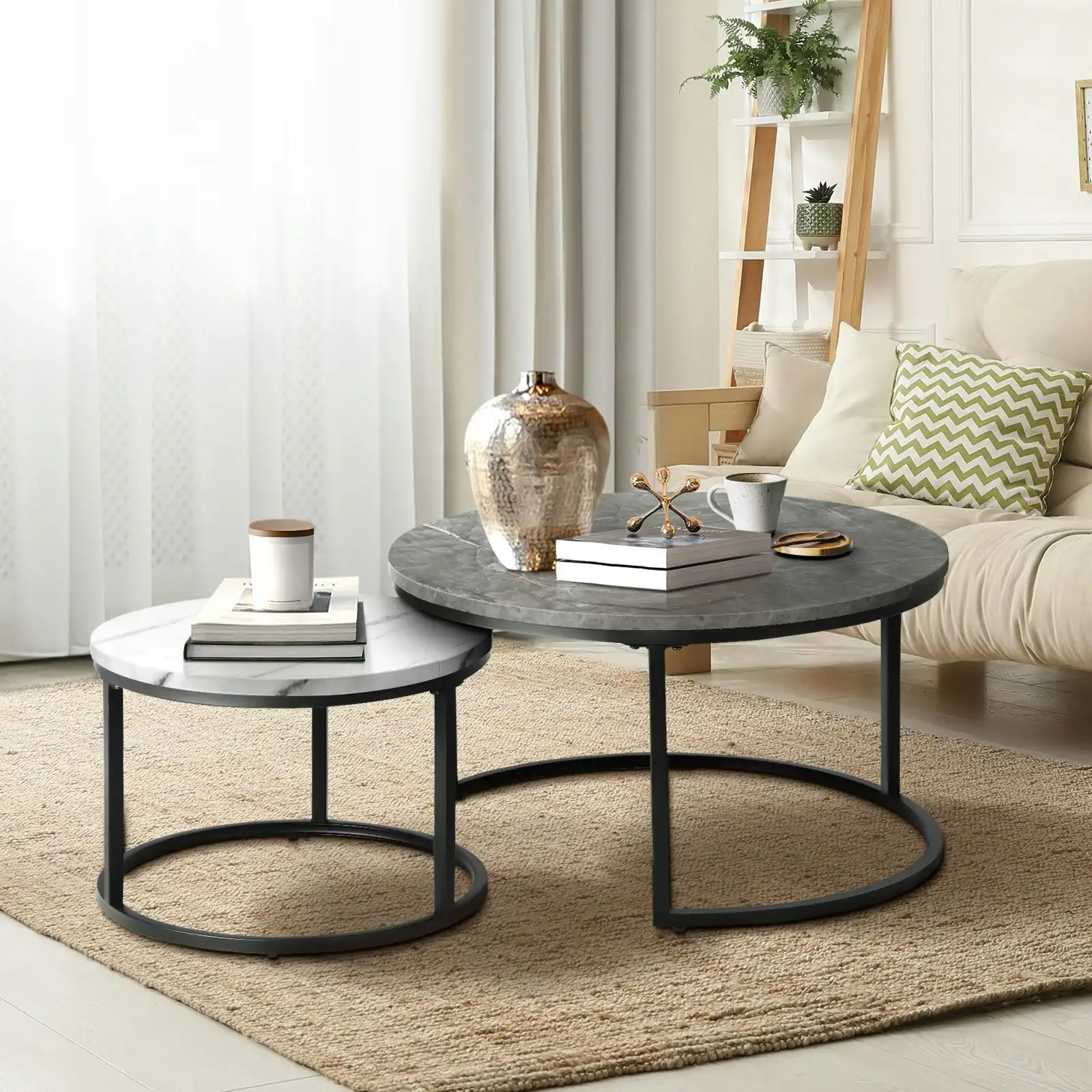 Oikiture Set of 2 Coffee Table Round Marble Nesting Side End Tables Grey & White