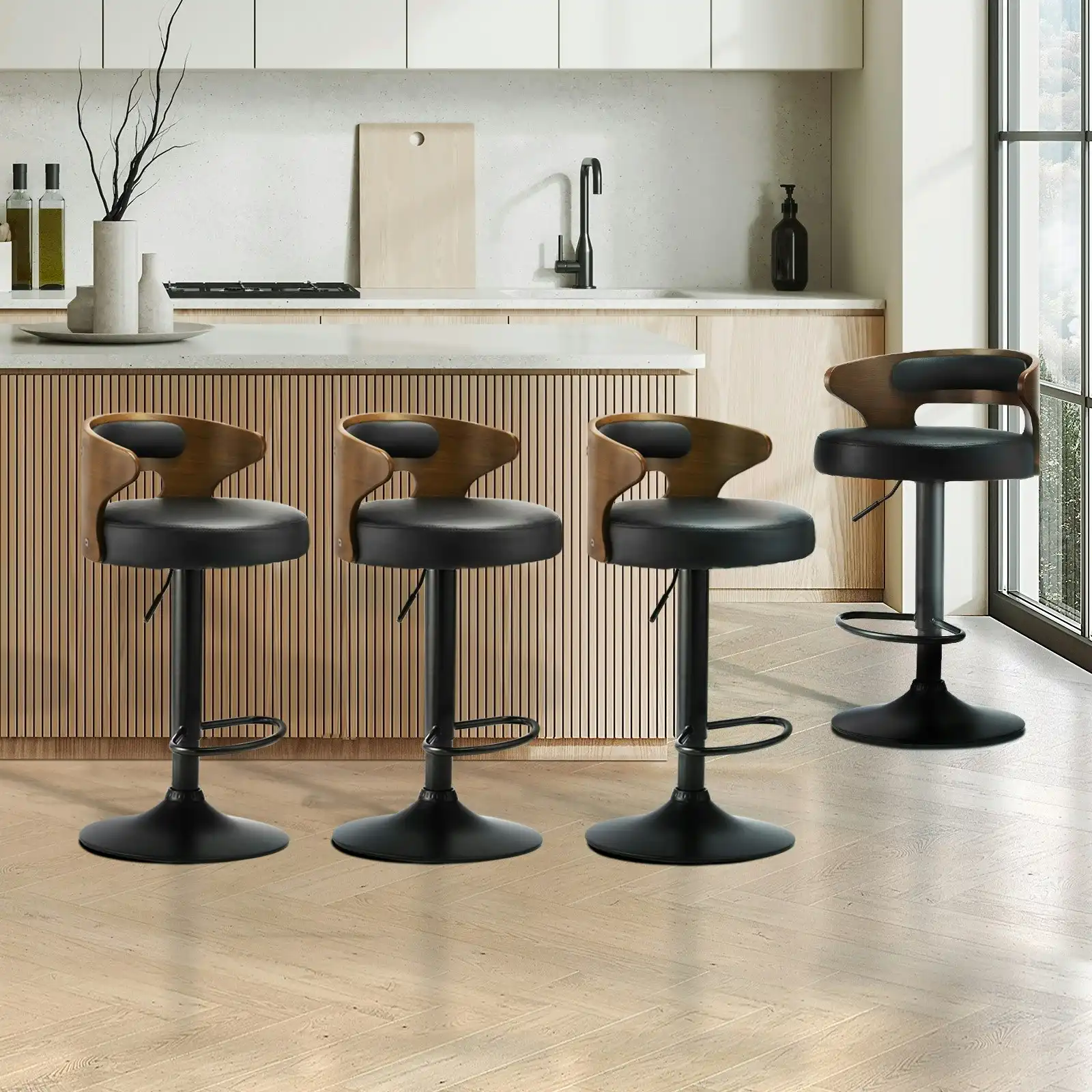 Oikiture 4x Bar Stools Kitchen Gas Lift Swivel Chairs Stool Wooden Barstool Black