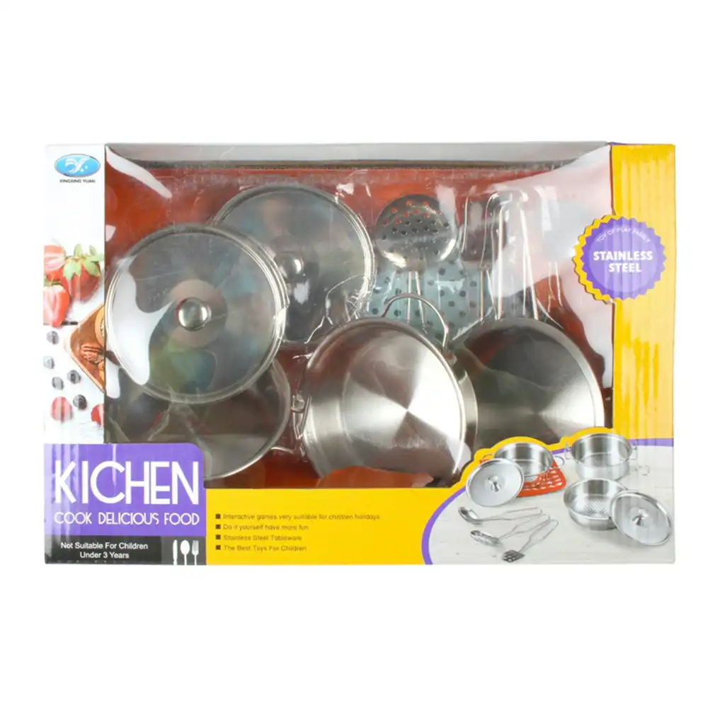 9pc Toys For Fun Stainless Steel Kitchen Playset Kids Pretend Play Toy Silver