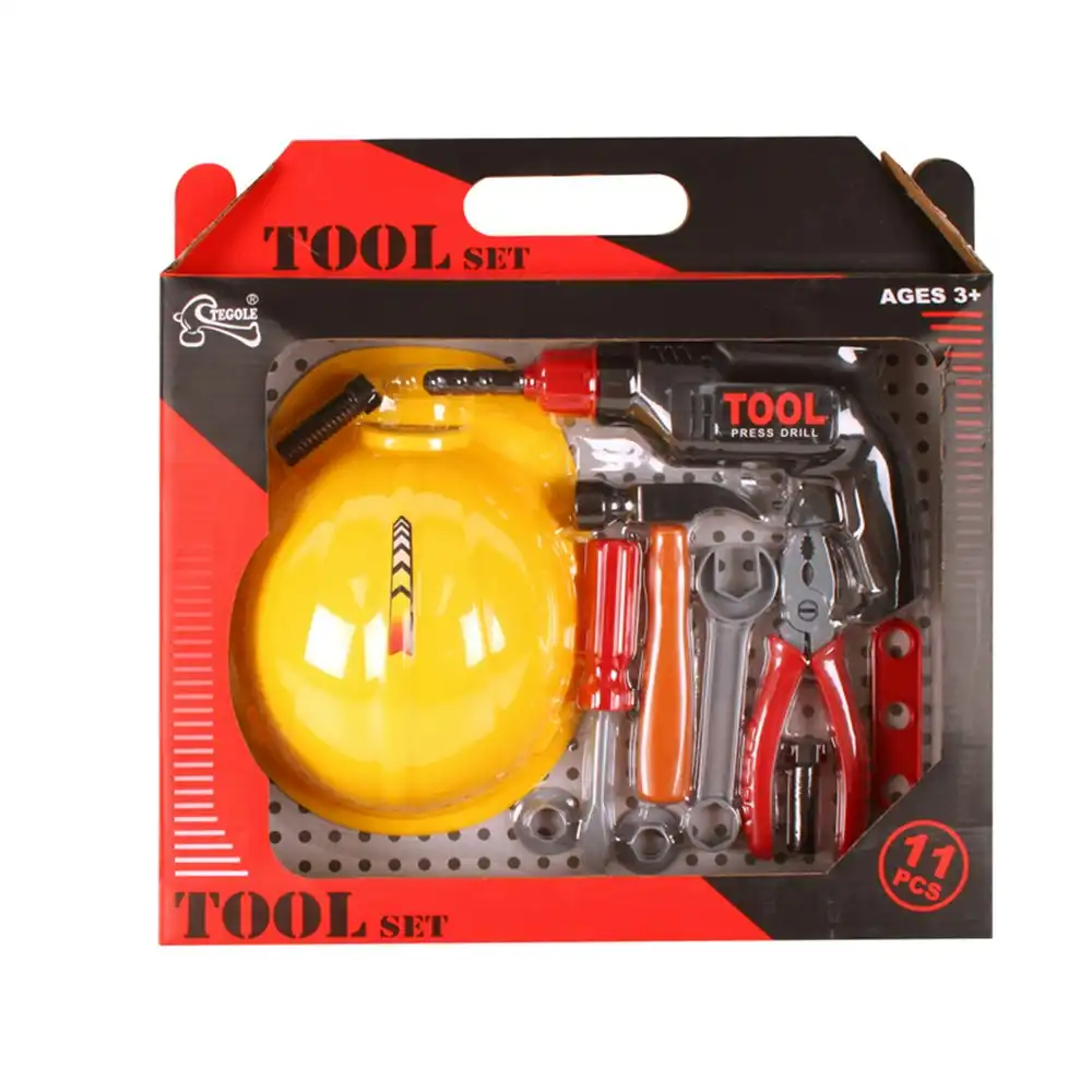 11pc Toys For Fun Tradie Tools Pliers/Hammer w/Hard Hat Kids Pretend Play Toy 3+