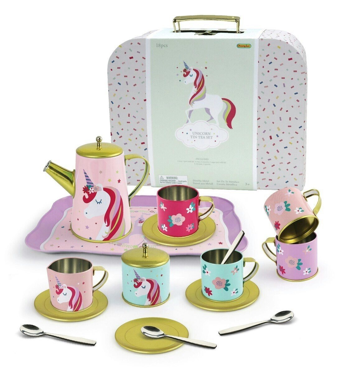 18pcs Kaper Kidz Deluxe Unicorn Themed Tin Teacup Set Suitcase For Children 3+