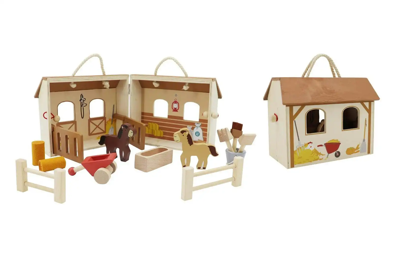 Kaper Kidz Wooden Portable Horse Stable Kids/Children Fun Pretend Play Set 3+