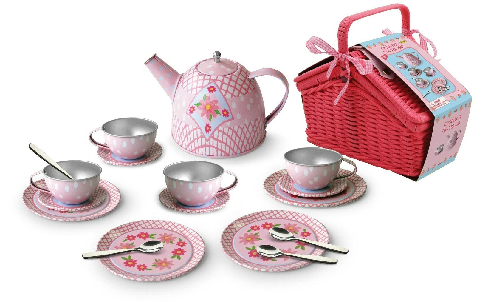 18pc Kaper Kidz Children's Floral Tin Tea/Teacup Set In Picnic Basket 3y+