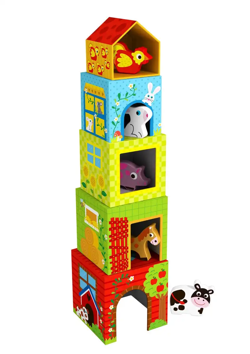 Tooky Toy Nesting Box Farm Kids/Toddler Stacking Wooden Blocks/Cubes Toy 12m+
