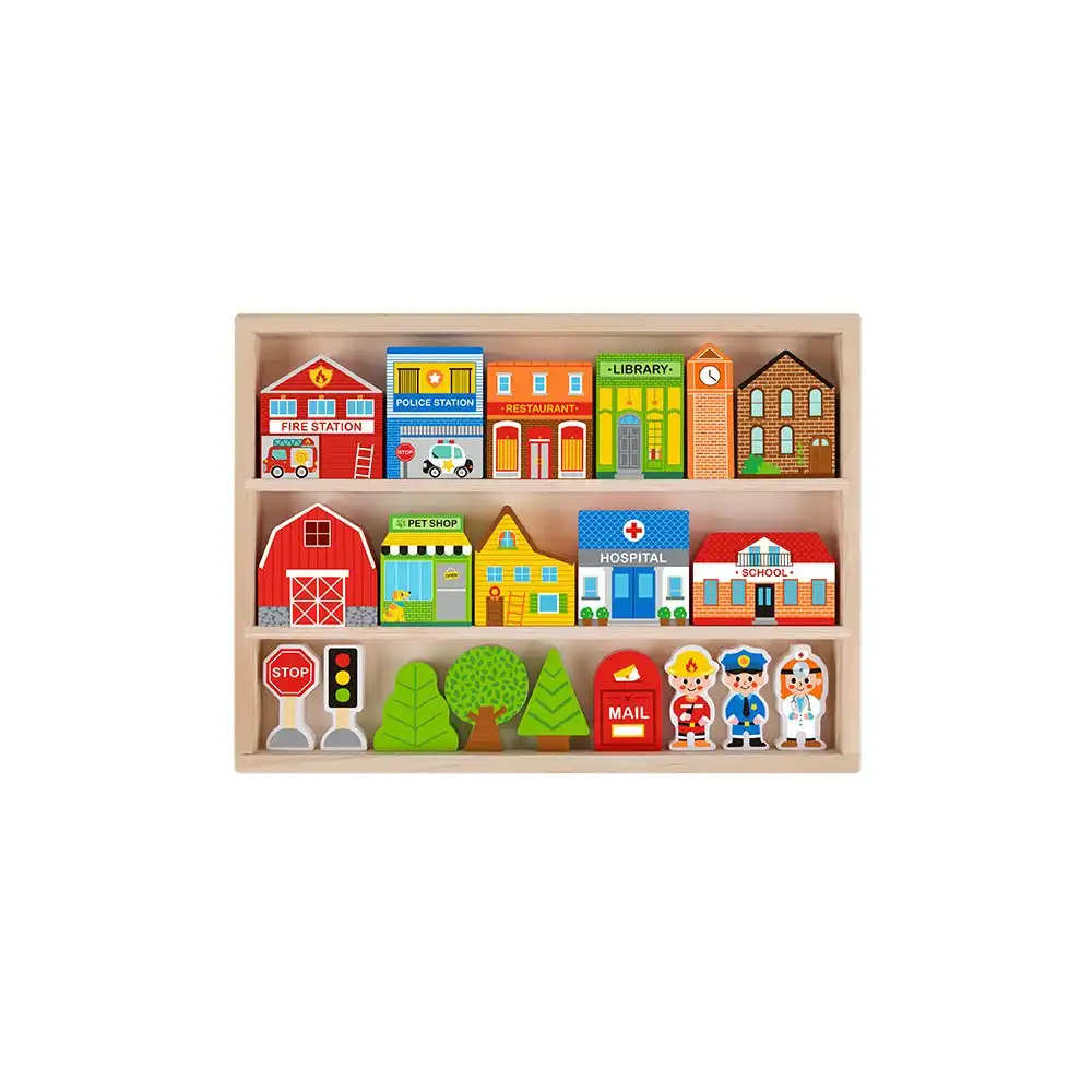 Tooky Toy Town Play Set w/Building/Streets/People Figurines/Wooden Case Kids 3+