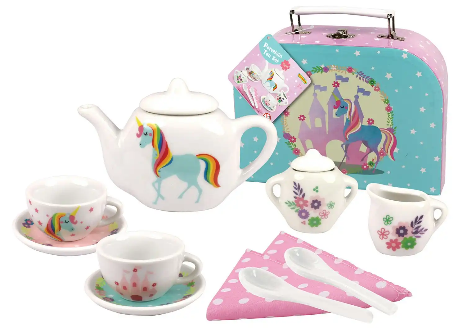 13pcs Kaper Kidz Rainbow Unicorn themed Kids/Children's Porcelain Tea Cup Set 3+