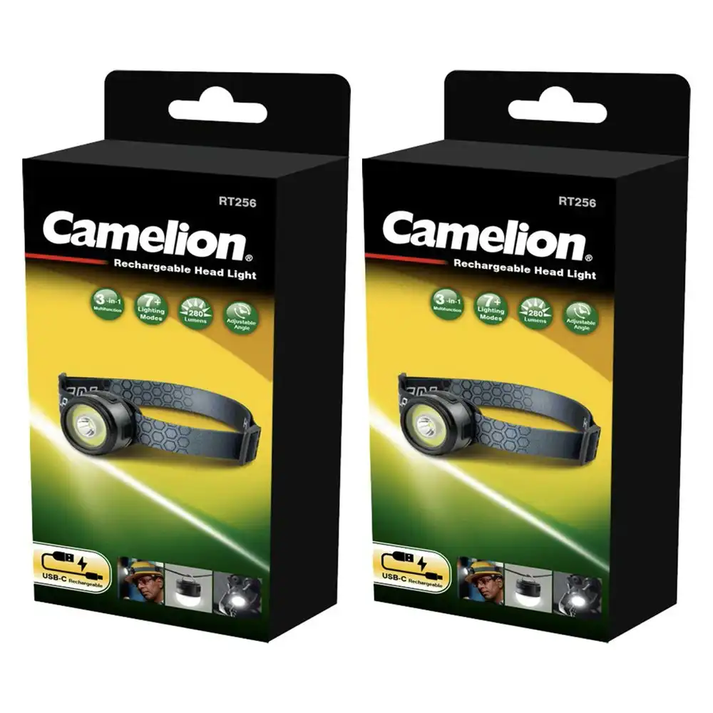 2x Camelion USB-C Rechargeable 7 Mode COB LED Adjustable Headlamp Torch 280LM