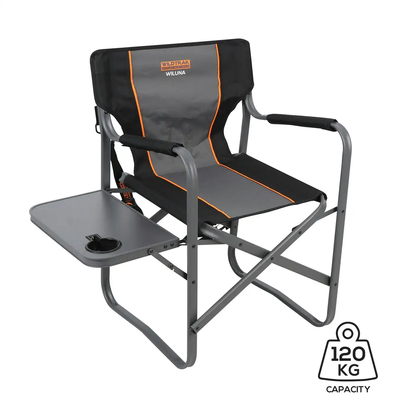 Wildtrak Wiluna 82cm Director Chair Outdoor Camping Seat w/Side Table Grey/Black