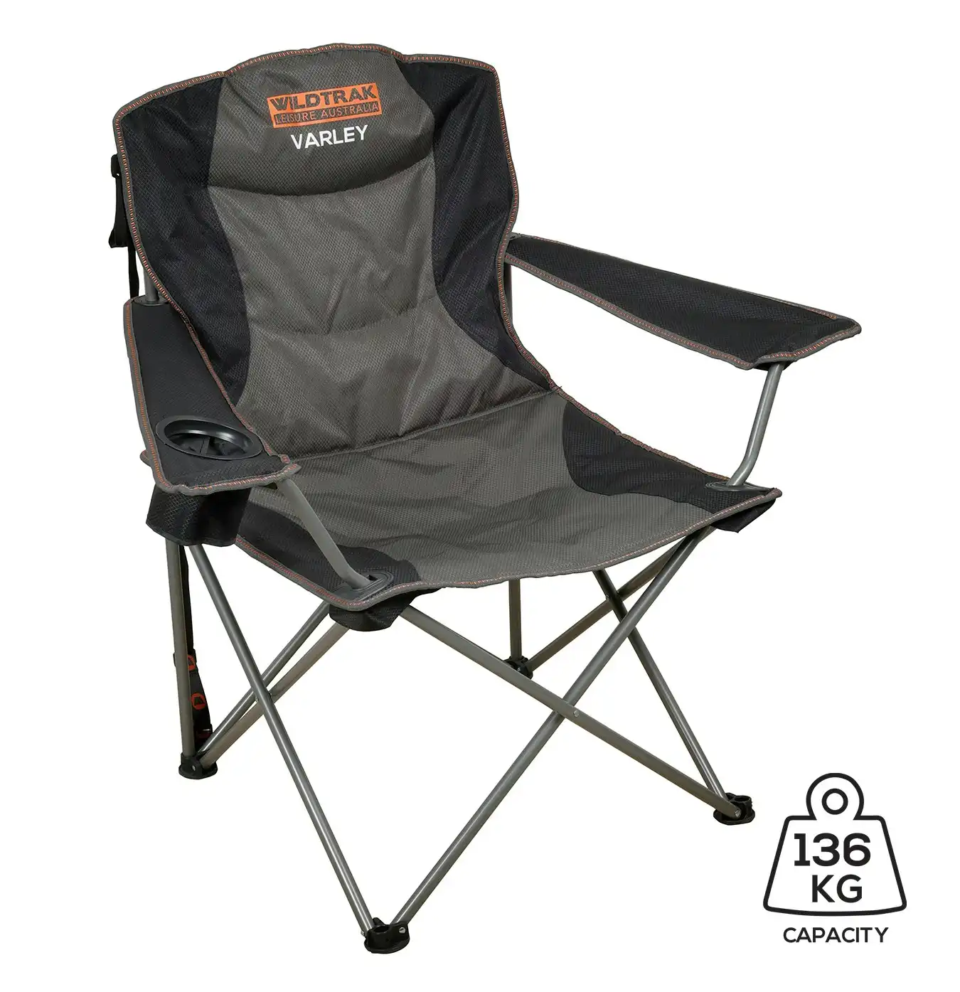 Wildtrak Varley 100cm Camp Chair Foldable Camping Seat w/ Cup Holder Grey/Black