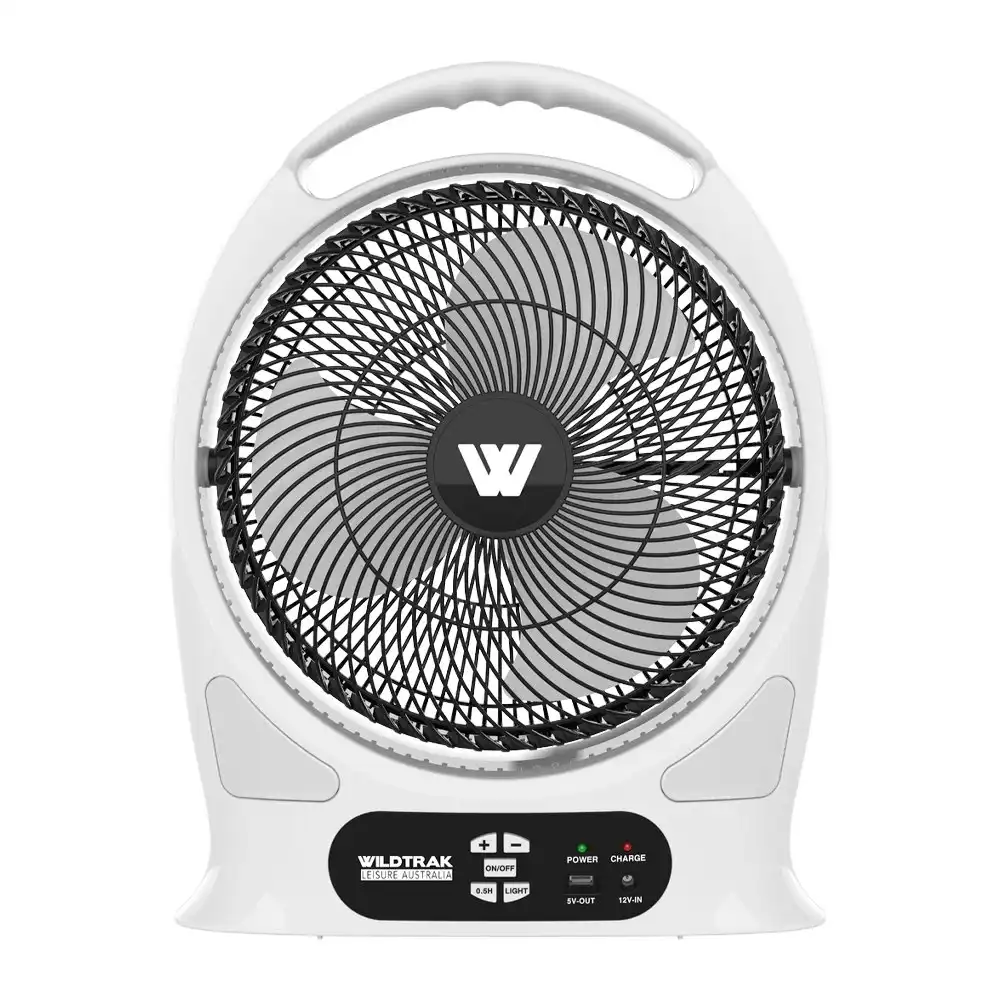 Wildtrak Rechargeable 30cm Portable Fan w/ 12-LED Light Outdoor Camping White