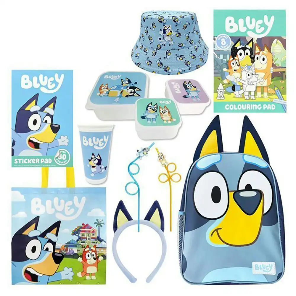 Bluey 23 Kids Showbag Backpack/Bucket Hat Colouring Pad Lunch Box Set/Tumbler