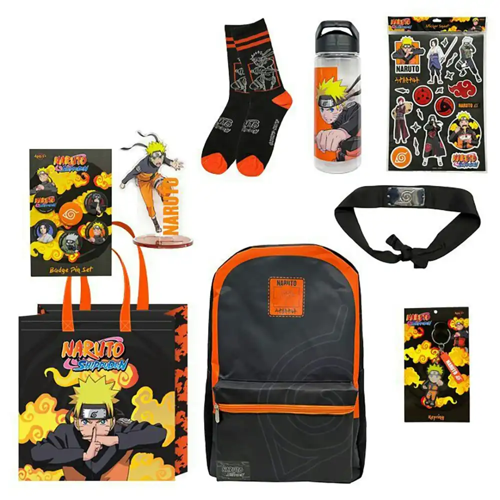 Naruto Kids Showbag Backpack/Badges Drink Bottle/Headband Keyring/Stickers Socks