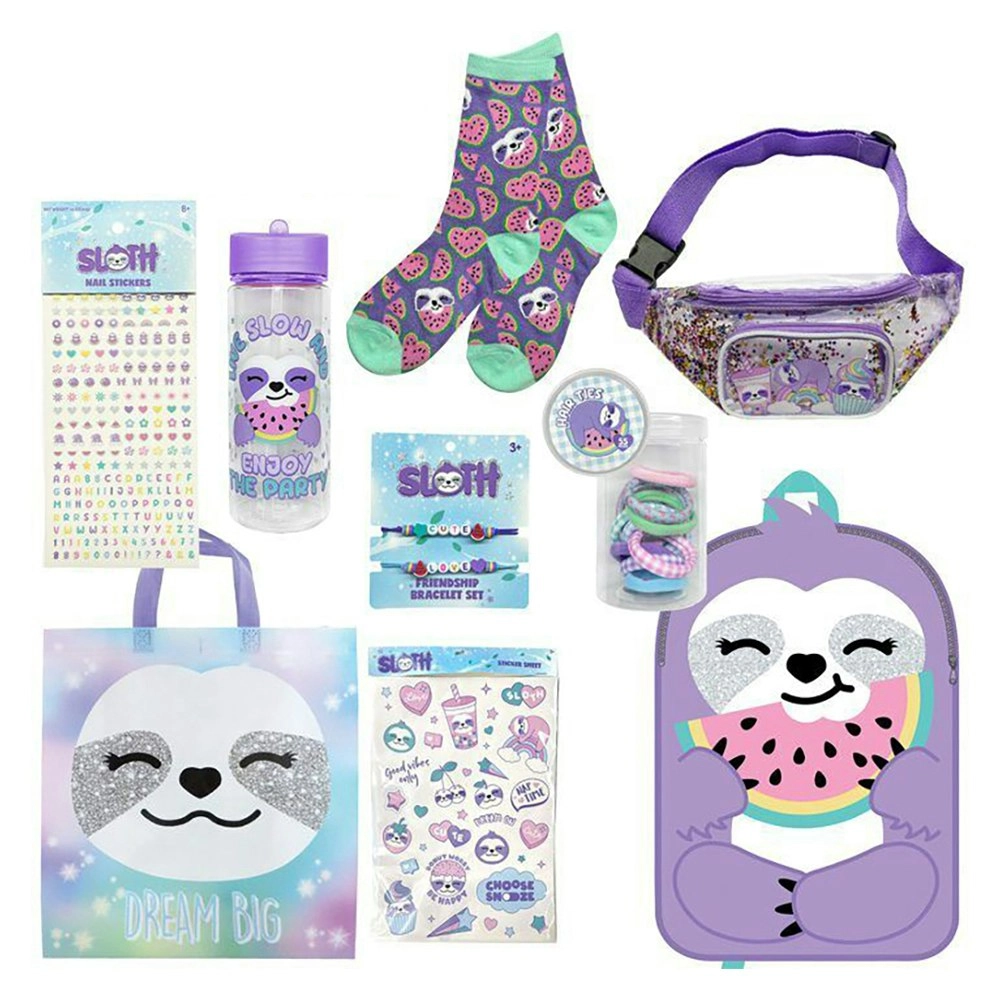 Sloth 23 Kids Showbag Backpack/Bracelet Set Drink Bottle/Hair Ties Nail Stickers