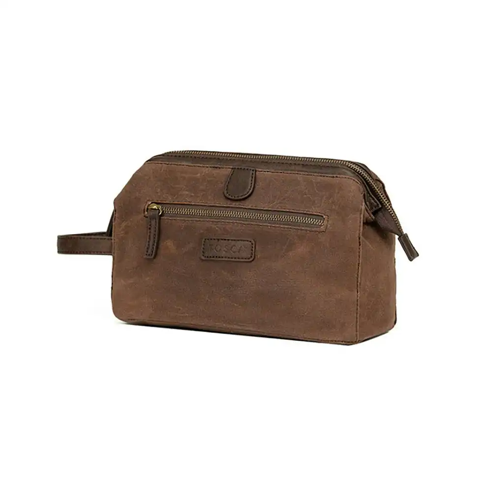Tosca Men's Waxed Canvas Wash/Toiletry/Personal Travel Bag 25x12cm Brown