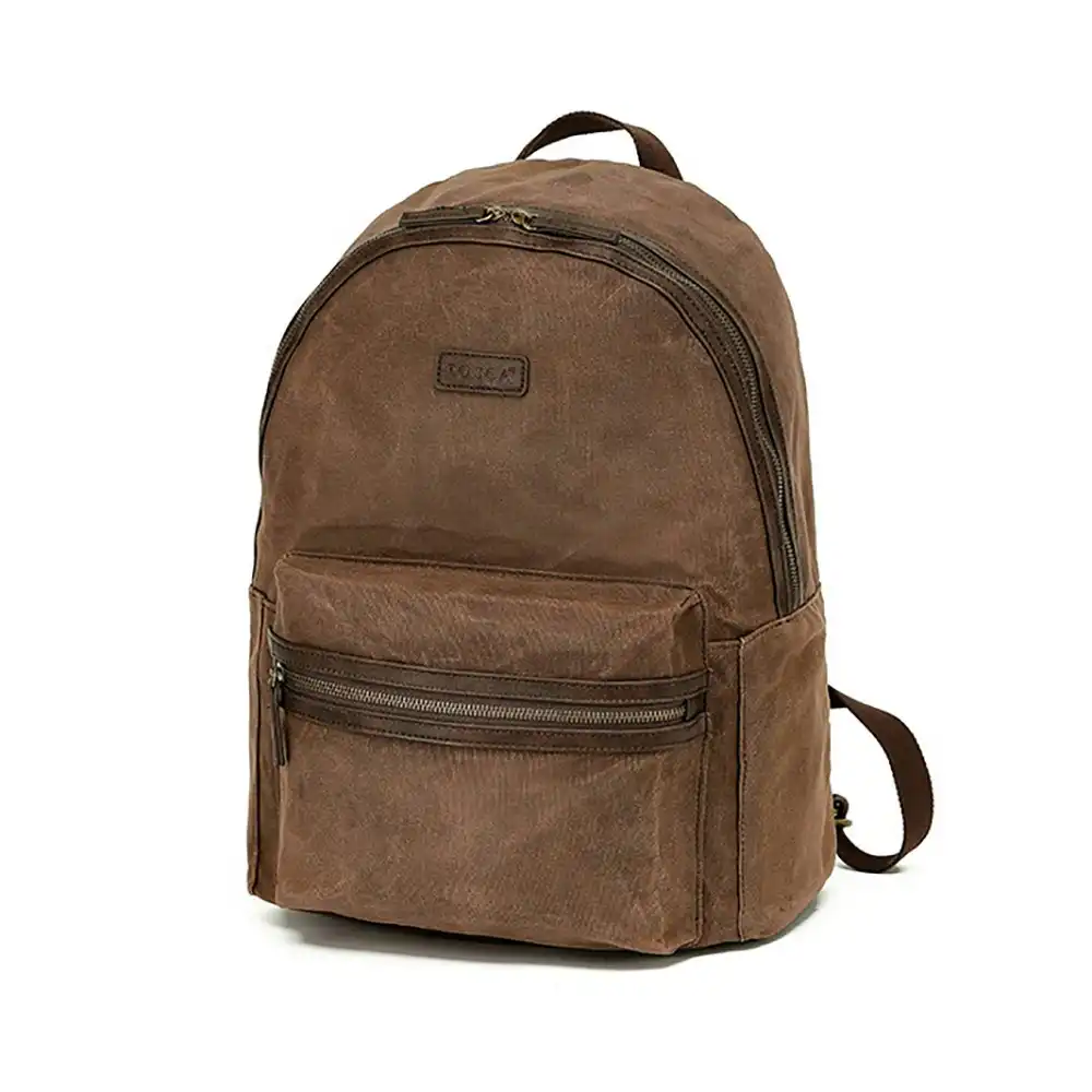 Tosca Waxed Canvas Padded Shoulder Zipped Travel Backpack Bag 36x13x28cm Brown