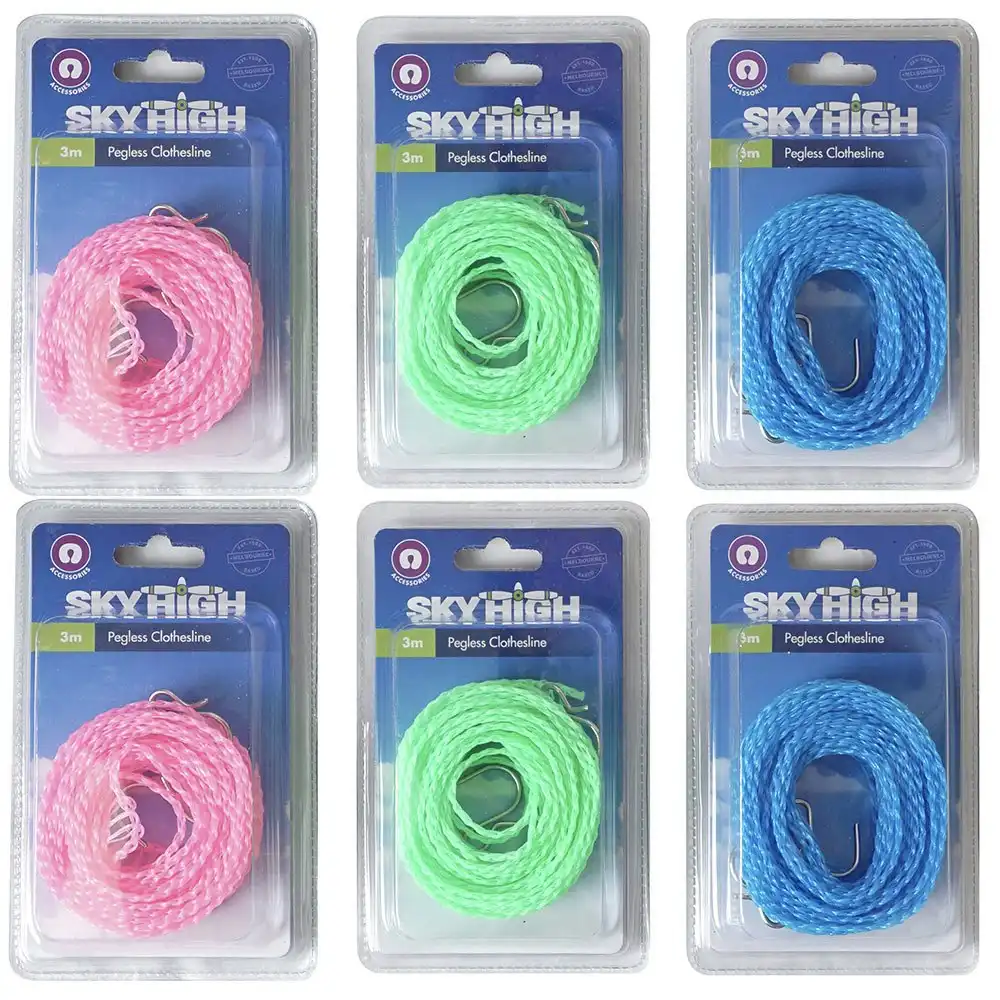 6x Sky High Travel Pegless Rope Lightweight Clothes Line Assorted Colours