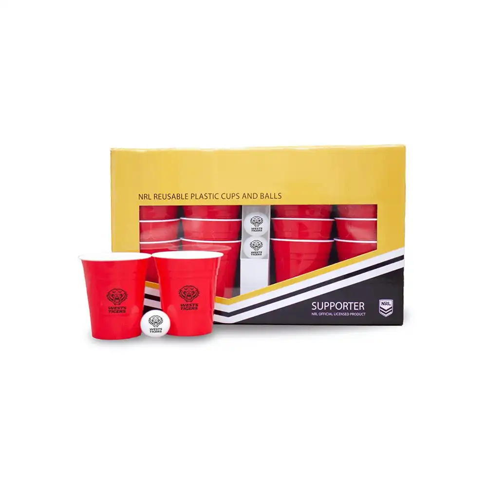 23pc NRL Reusable 473ml Cups/Balls Wests Tigers Beer Pong Party Fun Play Game