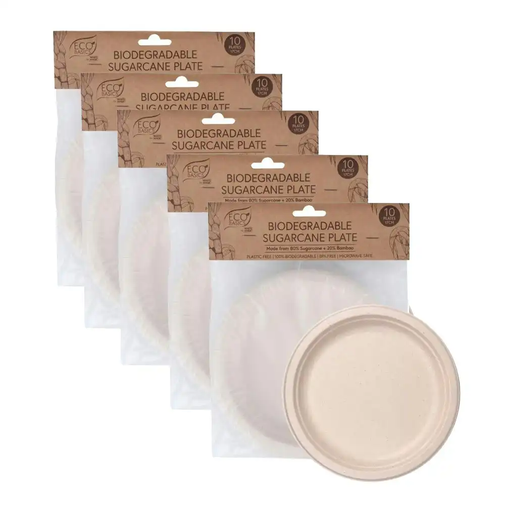5x 10pc Eco Basic 17cm Biodegradable Sugarcane Dining Round Plate Picnic/Party