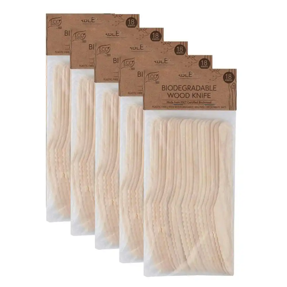 5x 18pc Eco Basics 16.5cm Biodegradable Birchwood Knife Disposable Cutlery Brown