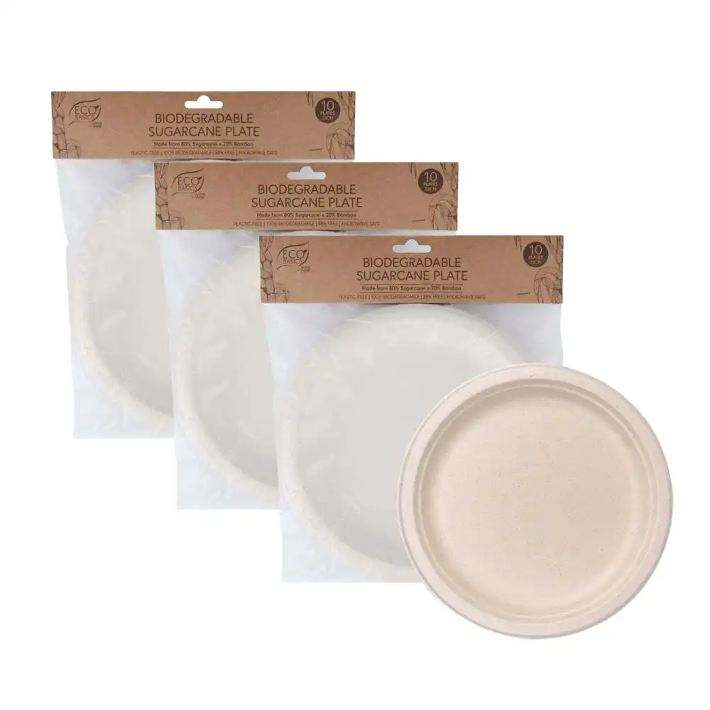 3x 10pc Eco Basic 23cm Biodegradable Sugarcane Dining Round Plate Picnic/Party