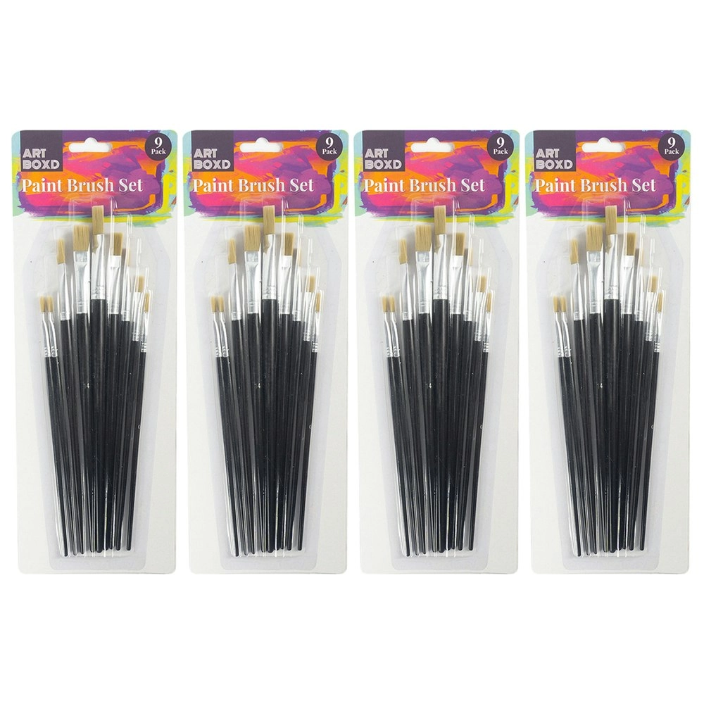 4x 9pc Art Boxd Artist Paint Brush Set Painting w/ Wooden Handle Assorted Black