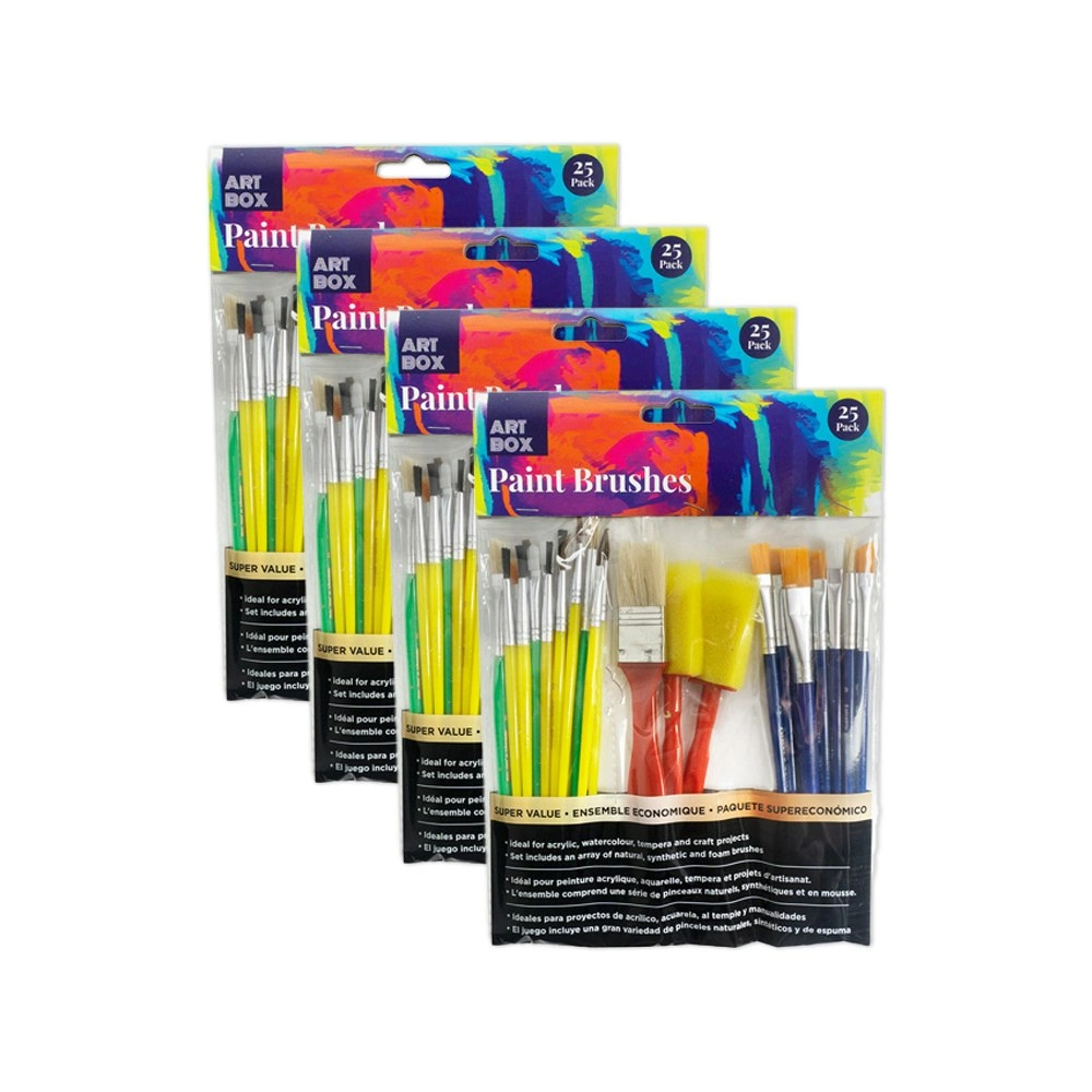 4x 25pc Art Boxd Artist Paint Brush Set Painting w/ Wooden Handle Assorted BLK