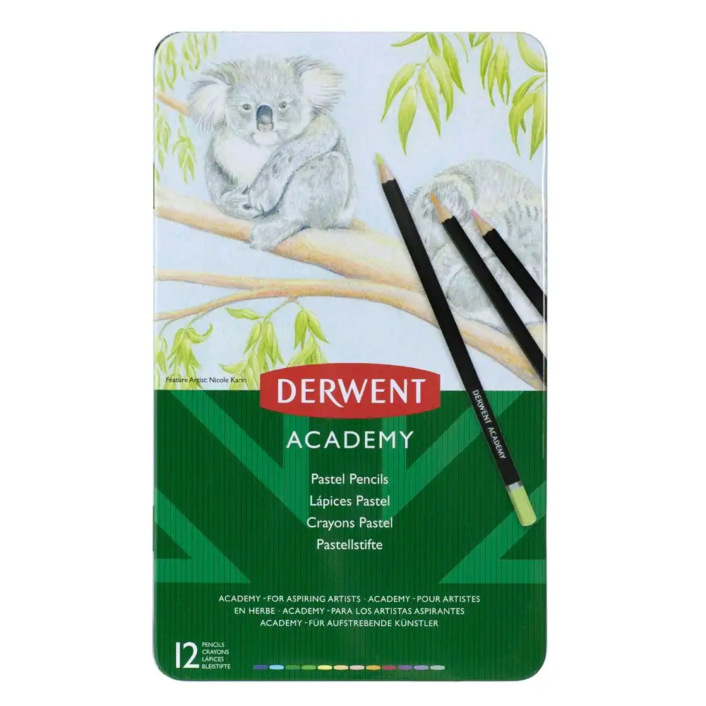 12pc Derwent Academy Art/Craft Hexagonal 3.3mm Core Pastel Colour Pencil Tin Set