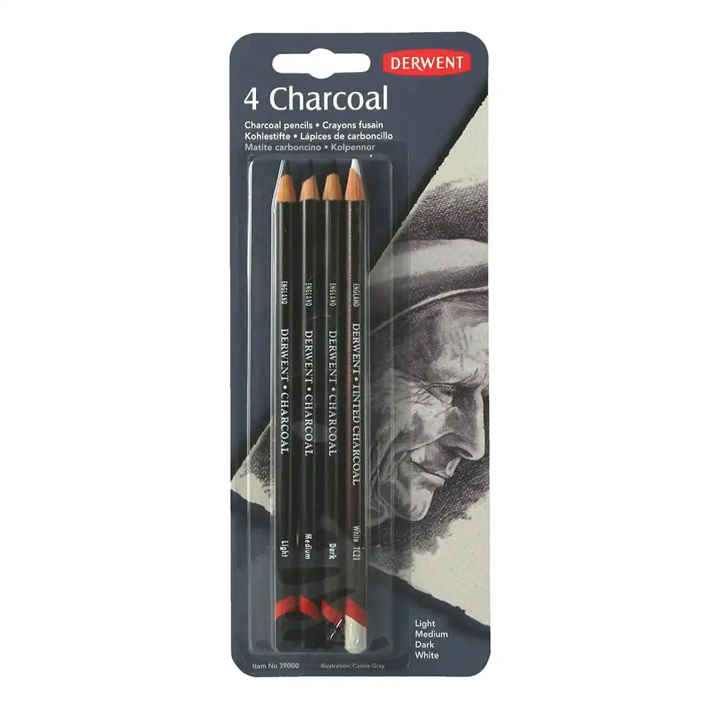 4pc Derwent Art/Craft Charcoal Sketching Pencil White/Light/Medium/Dark Set
