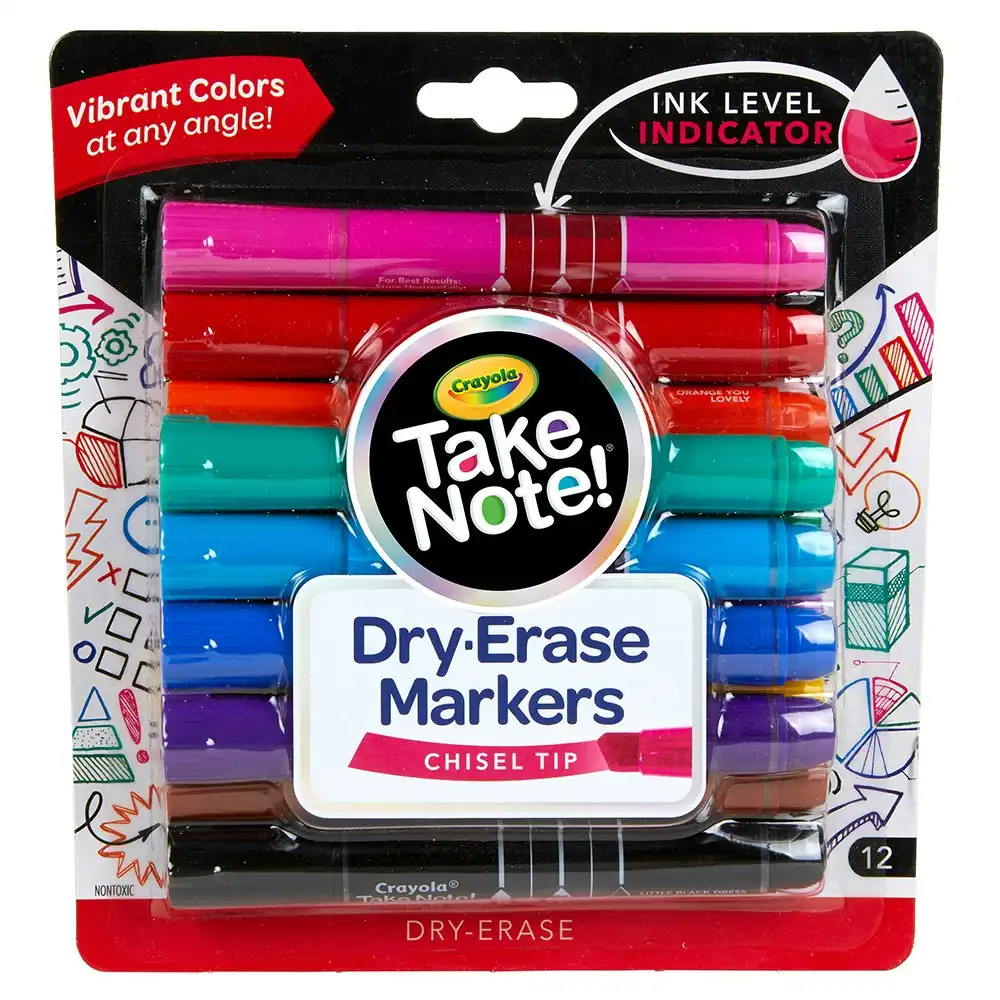 12pc Crayola Take Note! Quick-Dry White Board Markers Chisel Tip Writing Pen