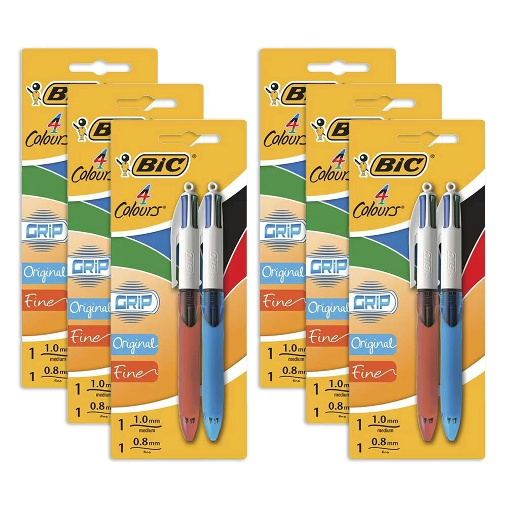 6x 2pc Bic 4 Colour Grip Ballpoint Writing Pens 1.0mm/0.8mm BLK/GRN/RD/BLU