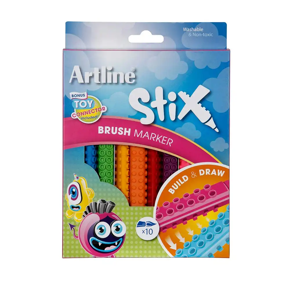 10pc Artline Stix Connectable Art Coloured Brush Marker Pens Set Assorted 3y+