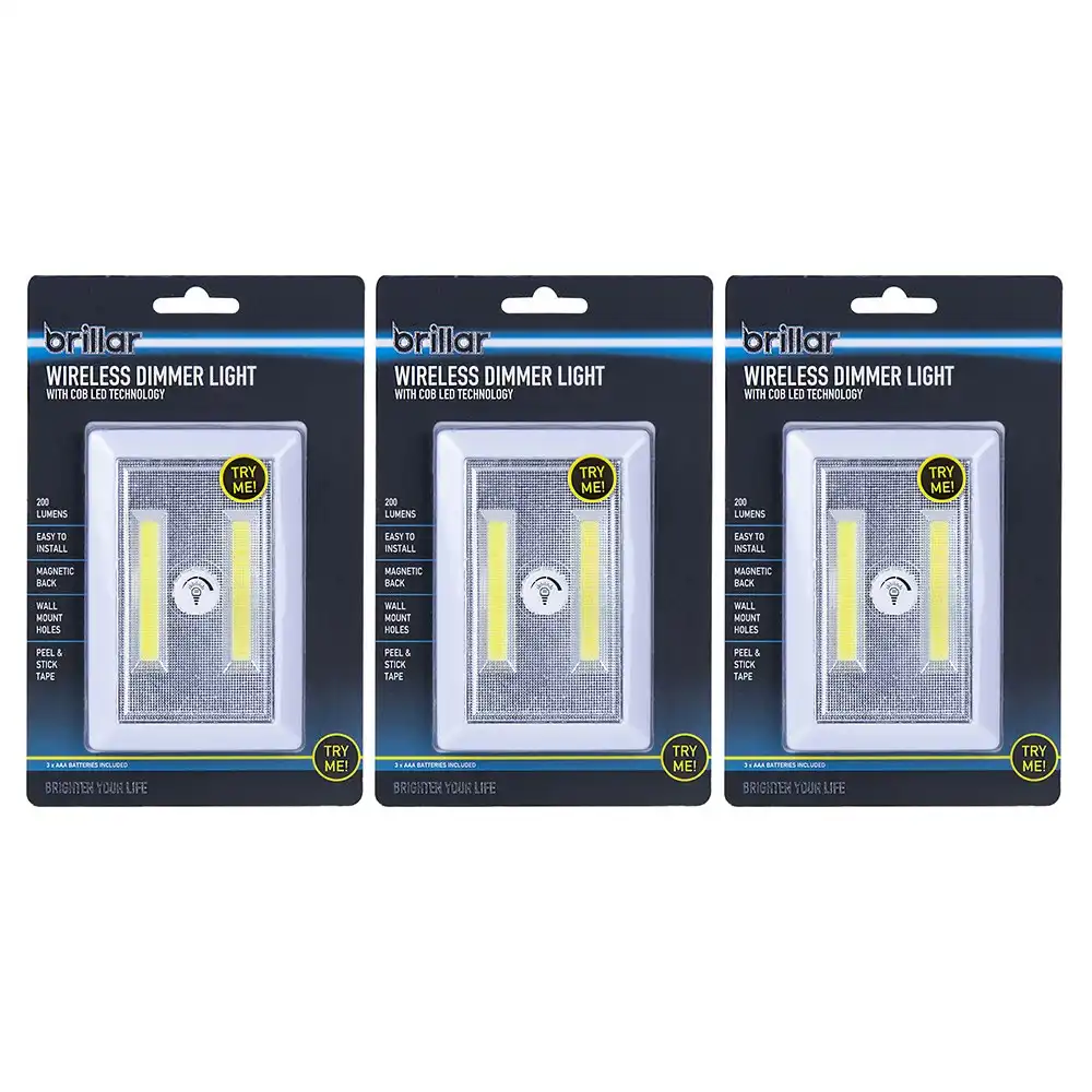 3x Brillar Wireless Battery Operated w/Cob LED Dimmer Light Switch WHT