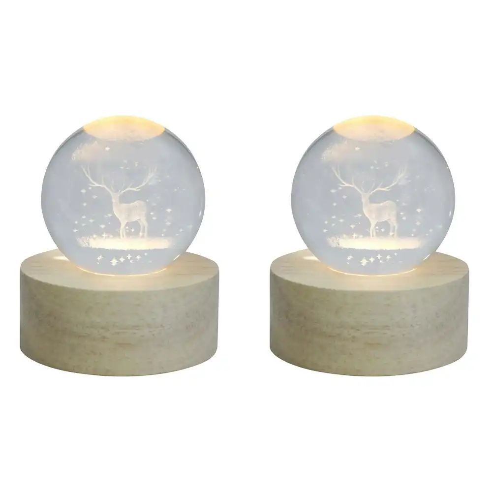 2x Glass/Wood 7cm Deer Led Ball Kids/Children Bedroom Decor Night Light Lamp