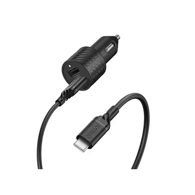 Otterbox USB-C to USB-A Dual Port 24W Car Charger Plug Kit w/ 1m Cable Black
