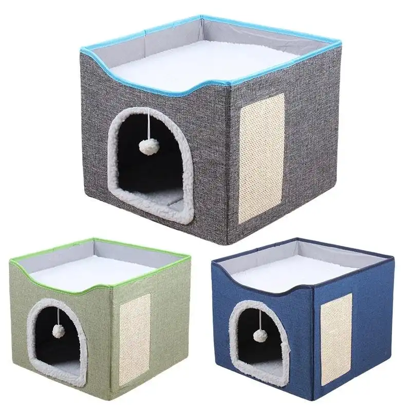Foldable Pet Cat Calming Bed Hideaway Interactive House Nest Scratching Board