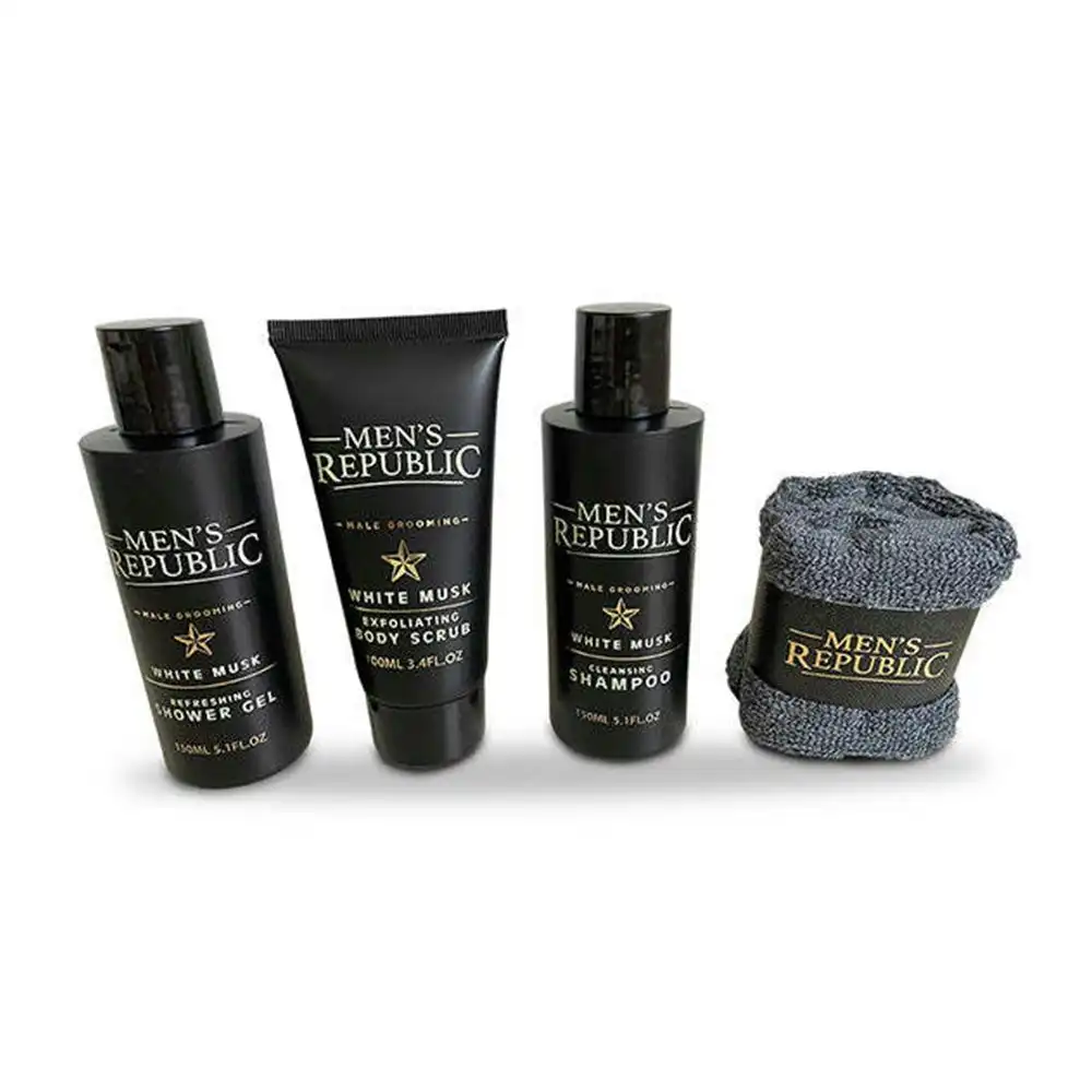 4pc Men's Republic Body Facial Grooming Kit Shower Cleansing Gel w/Carry Bag