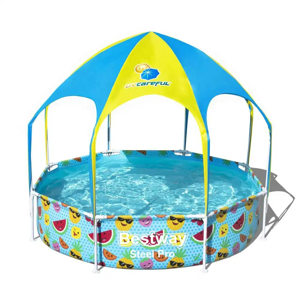 Bestway 2.44m Steel Pro UV Splash N Shade Play Pool w/ Sunshade Kids Swimming