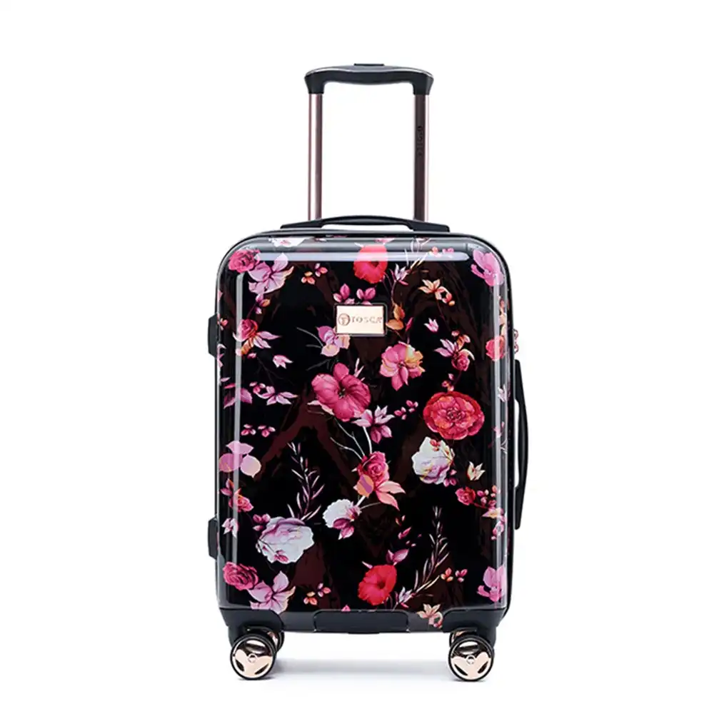 Tosca Bloom 20" Carry On Travel Luggage Hard Shell Suitcase Trolley Black/Pink