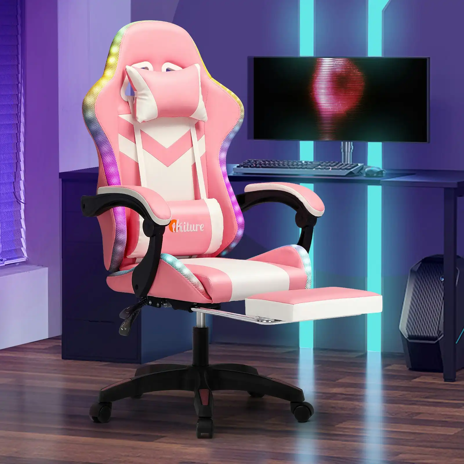 Oikiture Gaming Chair 7 RGB LED 8 Points Massage Racing Recliner Office Computer Pink&White