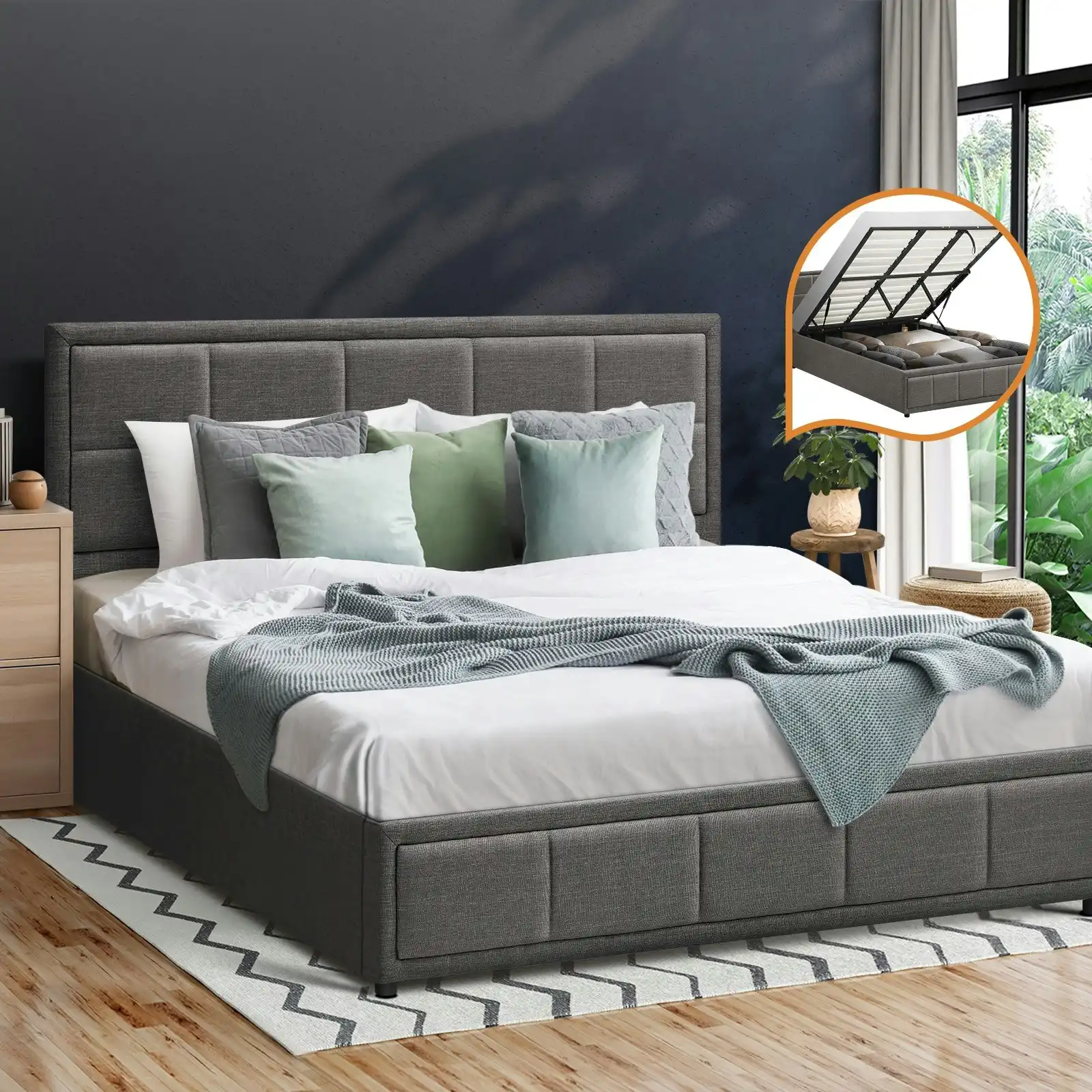 Oikiture Bed Frame King Size Gas Lift Storage Base Fabric Grey